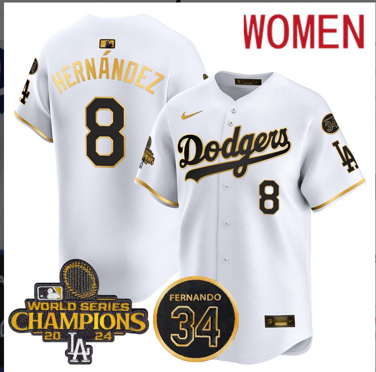 Women MLB Los Angeles Dodgers #8 Hernandez white 2024 World Series Champions Patch Limited Jersey style 3->women mlb jersey->Women Jersey